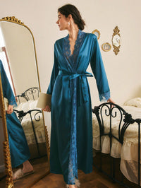 Côtesoire Roupão Longo de Renda Vermelha Sexy com Cinto, Roupa de Dormir Feminina, Loungewear de Luxo para o Dia dos Namorados, Detalhes Aconchegantes e Elegantes, Outono e Inverno