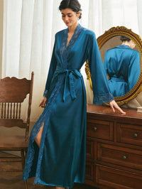 Côtesoire Roupão Longo de Renda Vermelha Sexy com Cinto, Roupa de Dormir Feminina, Loungewear de Luxo para o Dia dos Namorados, Detalhes Aconchegantes e Elegantes, Outono e Inverno