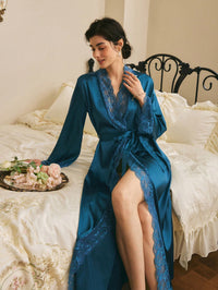 Côtesoire Roupão Longo de Renda Vermelha Sexy com Cinto, Roupa de Dormir Feminina, Loungewear de Luxo para o Dia dos Namorados, Detalhes Aconchegantes e Elegantes, Outono e Inverno