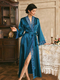 Côtesoire Roupão Longo de Renda Vermelha Sexy com Cinto, Roupa de Dormir Feminina, Loungewear de Luxo para o Dia dos Namorados, Detalhes Aconchegantes e Elegantes, Outono e Inverno