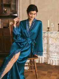 Côtesoire Roupão Longo de Renda Vermelha Sexy com Cinto, Roupa de Dormir Feminina, Loungewear de Luxo para o Dia dos Namorados, Detalhes Aconchegantes e Elegantes, Outono e Inverno