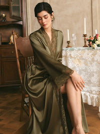 Côtesoire Roupão Longo de Renda Vermelha Sexy com Cinto, Roupa de Dormir Feminina, Loungewear de Luxo para o Dia dos Namorados, Detalhes Aconchegantes e Elegantes, Outono e Inverno
