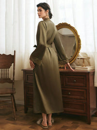 Côtesoire Roupão Longo de Renda Vermelha Sexy com Cinto, Roupa de Dormir Feminina, Loungewear de Luxo para o Dia dos Namorados, Detalhes Aconchegantes e Elegantes, Outono e Inverno
