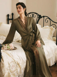 Côtesoire Roupão Longo de Renda Vermelha Sexy com Cinto, Roupa de Dormir Feminina, Loungewear de Luxo para o Dia dos Namorados, Detalhes Aconchegantes e Elegantes, Outono e Inverno