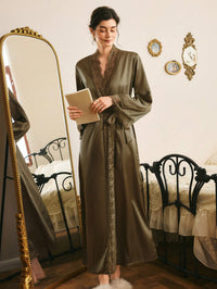 Côtesoire Roupão Longo de Renda Vermelha Sexy com Cinto, Roupa de Dormir Feminina, Loungewear de Luxo para o Dia dos Namorados, Detalhes Aconchegantes e Elegantes, Outono e Inverno