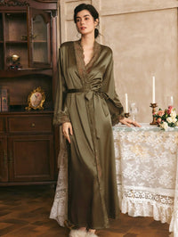 Côtesoire Roupão Longo de Renda Vermelha Sexy com Cinto, Roupa de Dormir Feminina, Loungewear de Luxo para o Dia dos Namorados, Detalhes Aconchegantes e Elegantes, Outono e Inverno