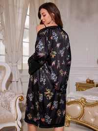 LuxeNights Conjunto de Vestido Camisole e Robe com Patchwork de Renda, Seda Sintética e Estampa Floral