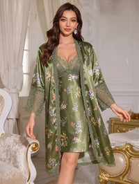 LuxeNights Conjunto de Vestido Camisole e Robe com Patchwork de Renda, Seda Sintética e Estampa Floral