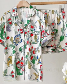 Conjunto de Pijama Feminino Floral Verde em Cetim - Nelima