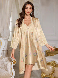 LuxeNights Conjunto de Vestido Camisole e Robe com Patchwork de Renda, Seda Sintética e Estampa Floral