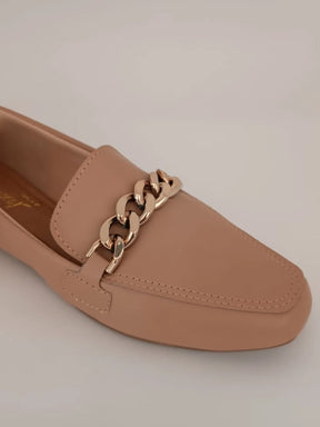Sapato Mocassim Feminino Bico Quadrado Detalhe Corrente Confortável