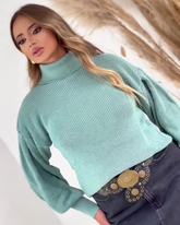 Blusa Feminina Gola Alta com Mangas Bufantes Verde Água - Nelima