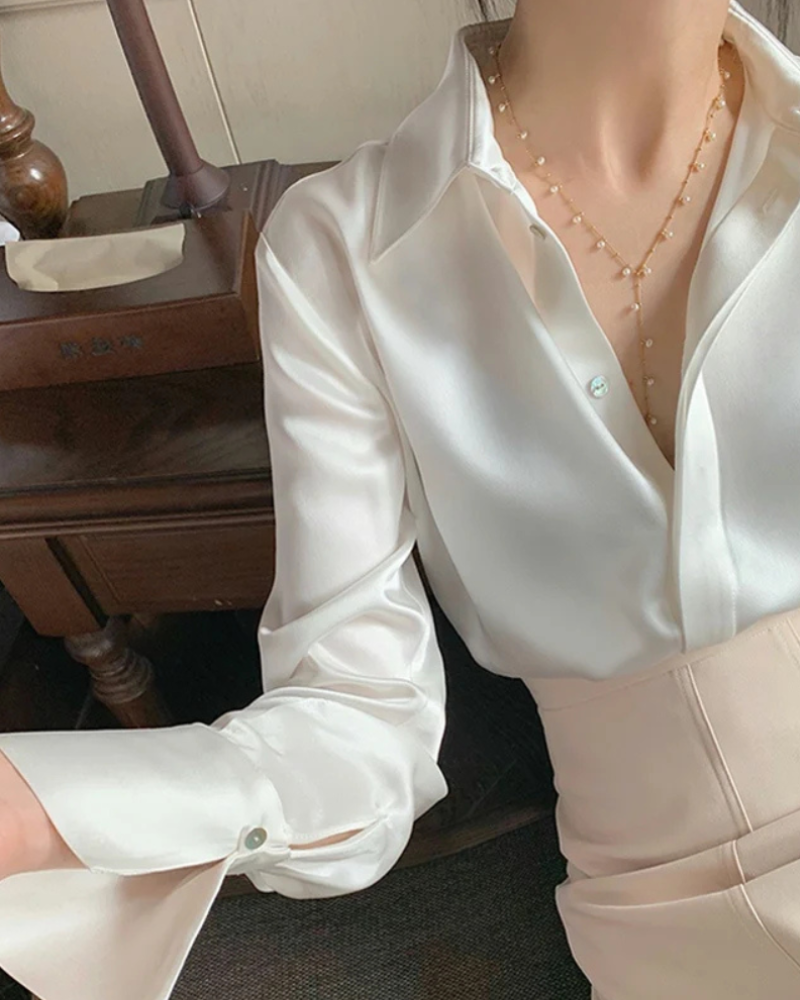 Blusa de Cetim Feminina Manga Longa Moda Francesa - Nelima