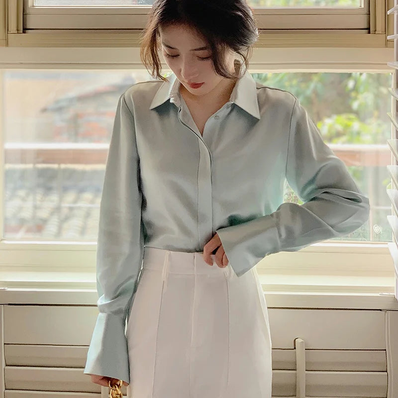 Blusa de Cetim Feminina Manga Longa Moda Francesa - Nelima