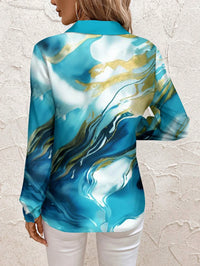 Camisa Feminina Acetinada Estampada Azul – Sofisticação e Estilo | Nelima Moda