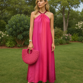 Vestido Longo Rosa Degradê com Alça de Amarração - Nelima