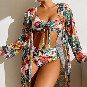 Conjunto de 3 Peças Biquini com Saída de Praia de Mangas Compridas -Nelima