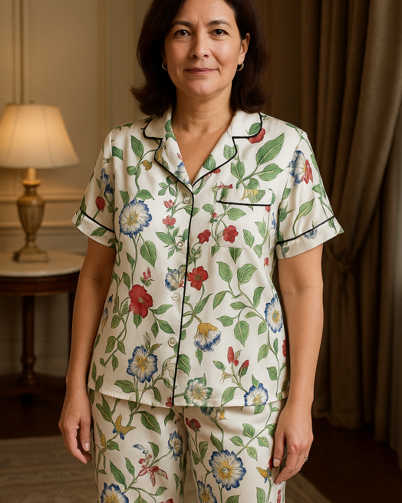 Conjunto de Pijama Feminino Floral Verde em Cetim - Nelima