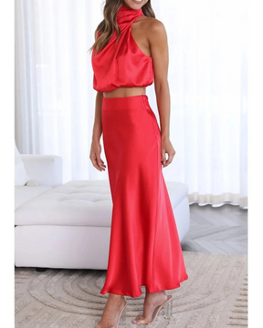 Conjunto Feminino 2 Peças Saia Midi em Cetim e Top Cropped Ombro a Ombro - Nelima