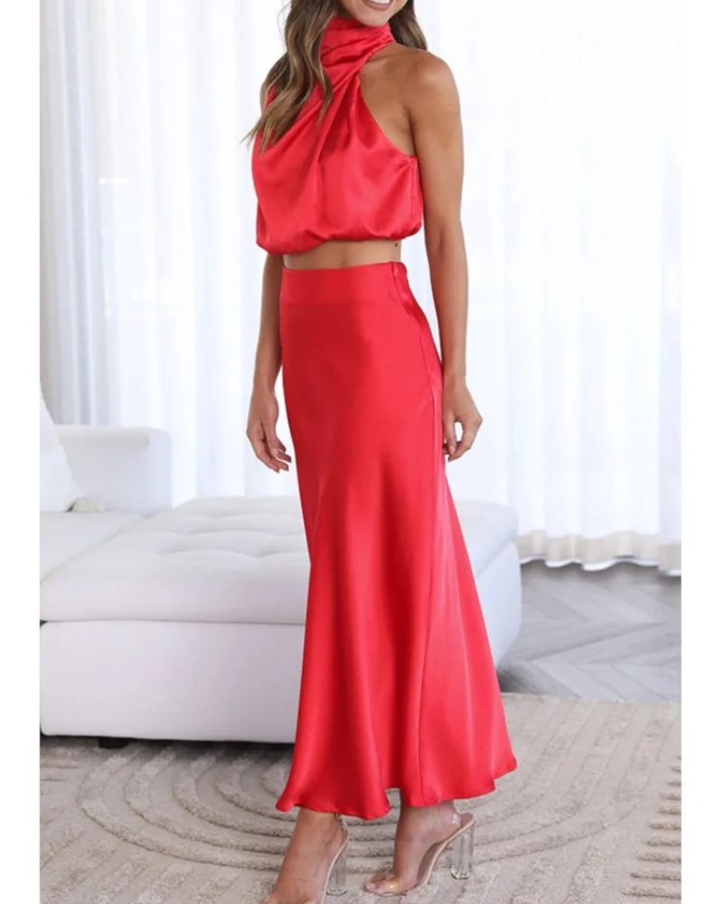 Conjunto Feminino 2 Peças Saia Midi em Cetim e Top Cropped Ombro a Ombro - Nelima