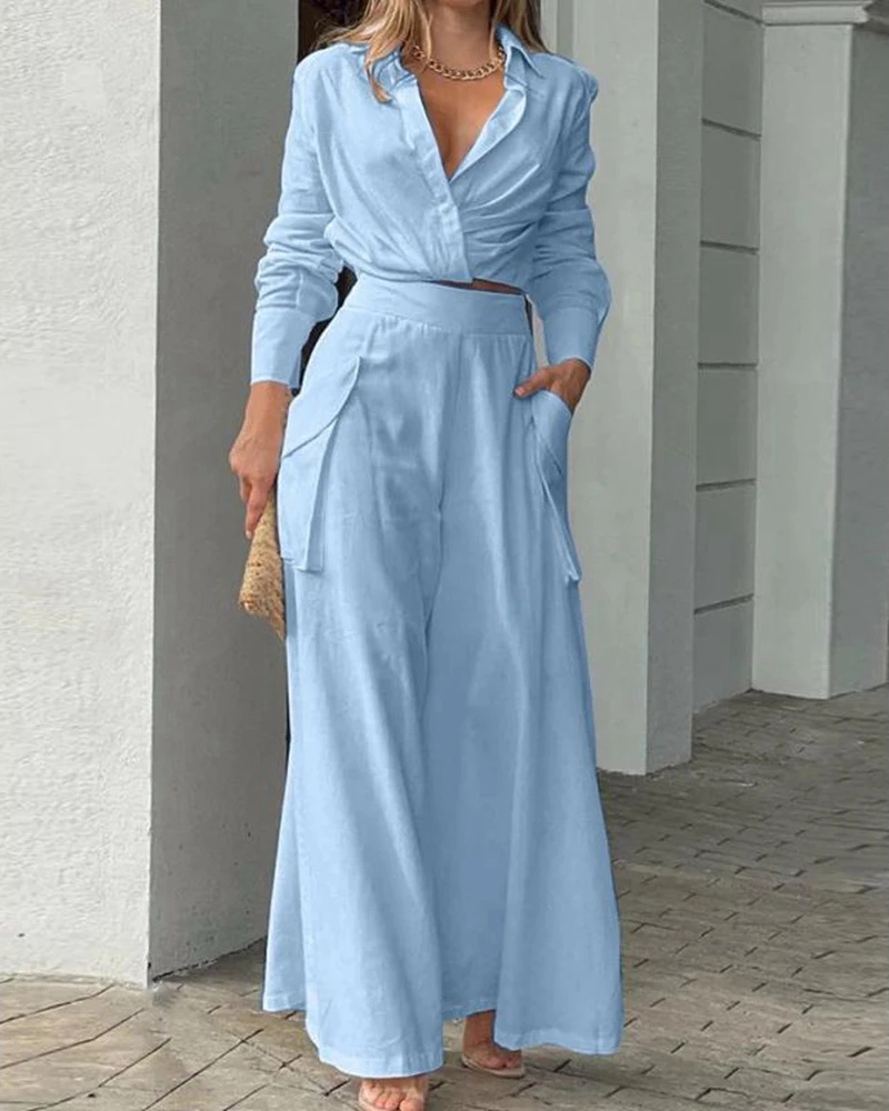 Conjunto de Calça Cintura Alta e Blusa Mangas Longas decote em V - Nelima