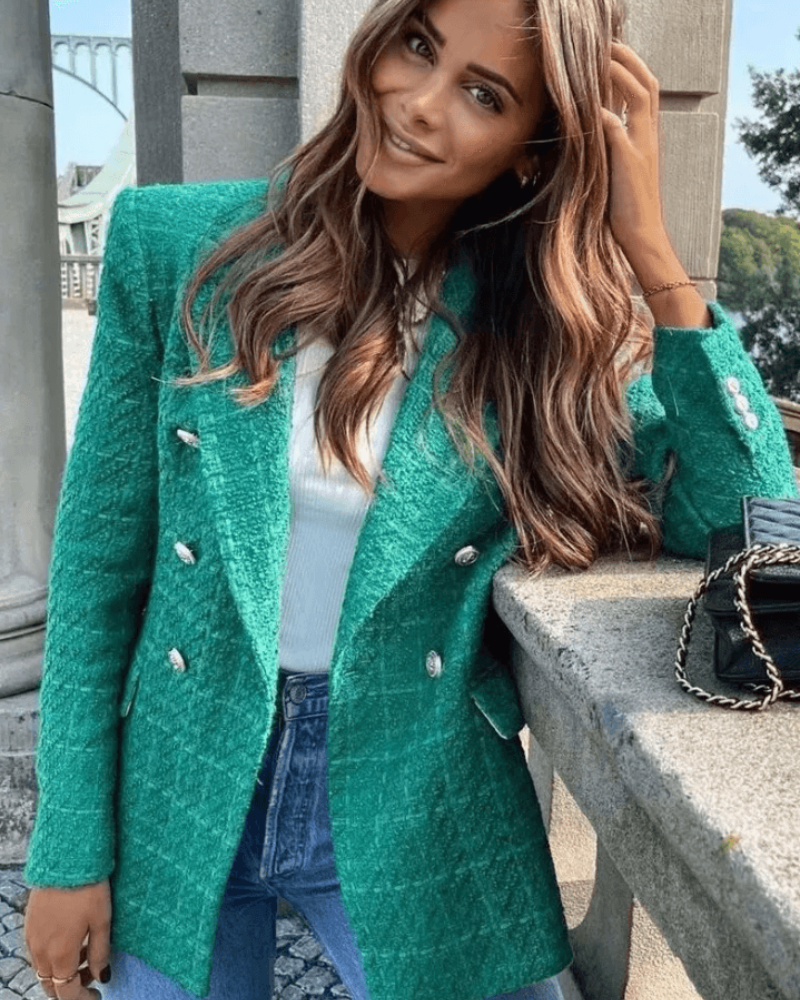 Blazer Feminino Elegante de Tweed com Botões Prateados - Nelima