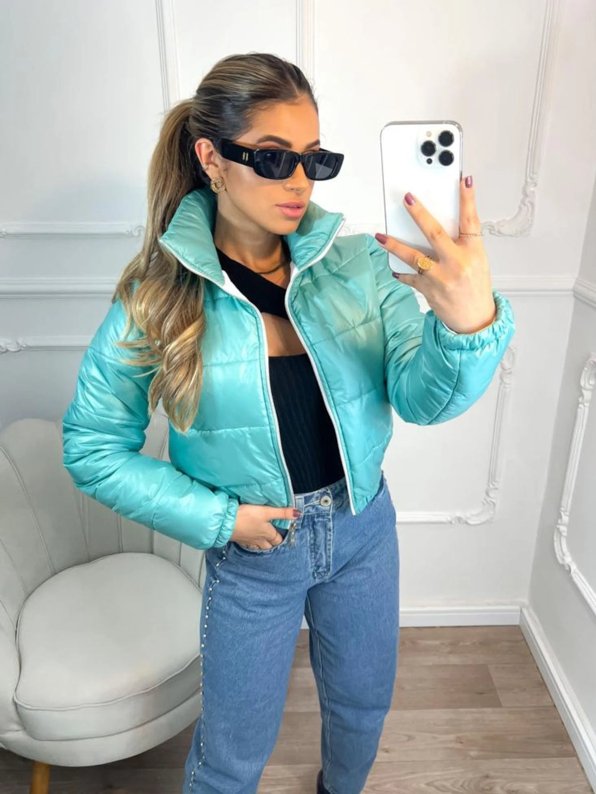 Jaqueta Puffer Feminina Forrada Impermeável com Zíper de Metal – Nelima