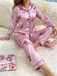 Pijama Feminino de Cetim Rosa com Estampa de Corações – Conjunto Manga Longa Nelima