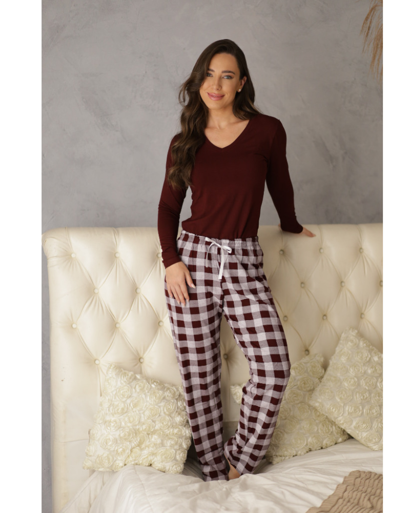 Pijama Feminino de Mangas Compridas de Malha Xadrez - Nelima