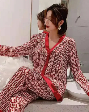 Pijamas Feminino em Seda Estampados Outono Inverno Calças e Mangas Compridas - Nelima