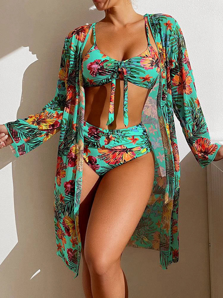 Conjunto de 3 Peças Biquini com Saída de Praia de Mangas Compridas -Nelima