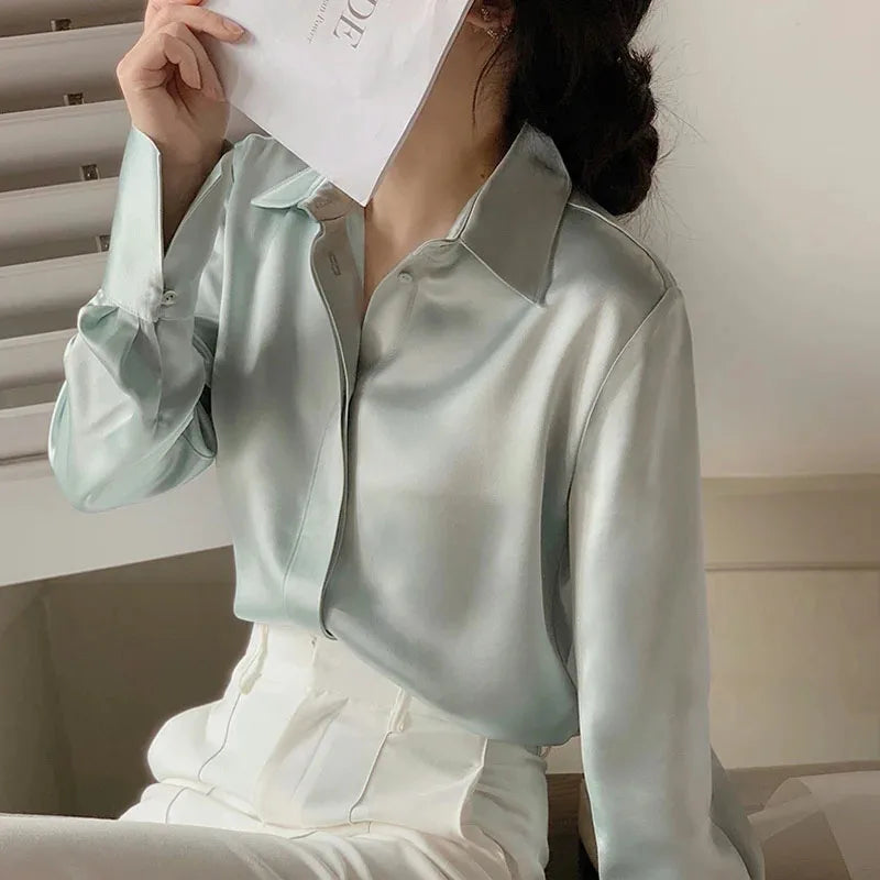 Blusa de Cetim Feminina Manga Longa Moda Francesa - Nelima