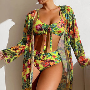 Conjunto de 3 Peças Biquini com Saída de Praia de Mangas Compridas -Nelima