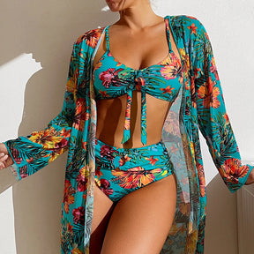 Conjunto de 3 Peças Biquini com Saída de Praia de Mangas Compridas -Nelima