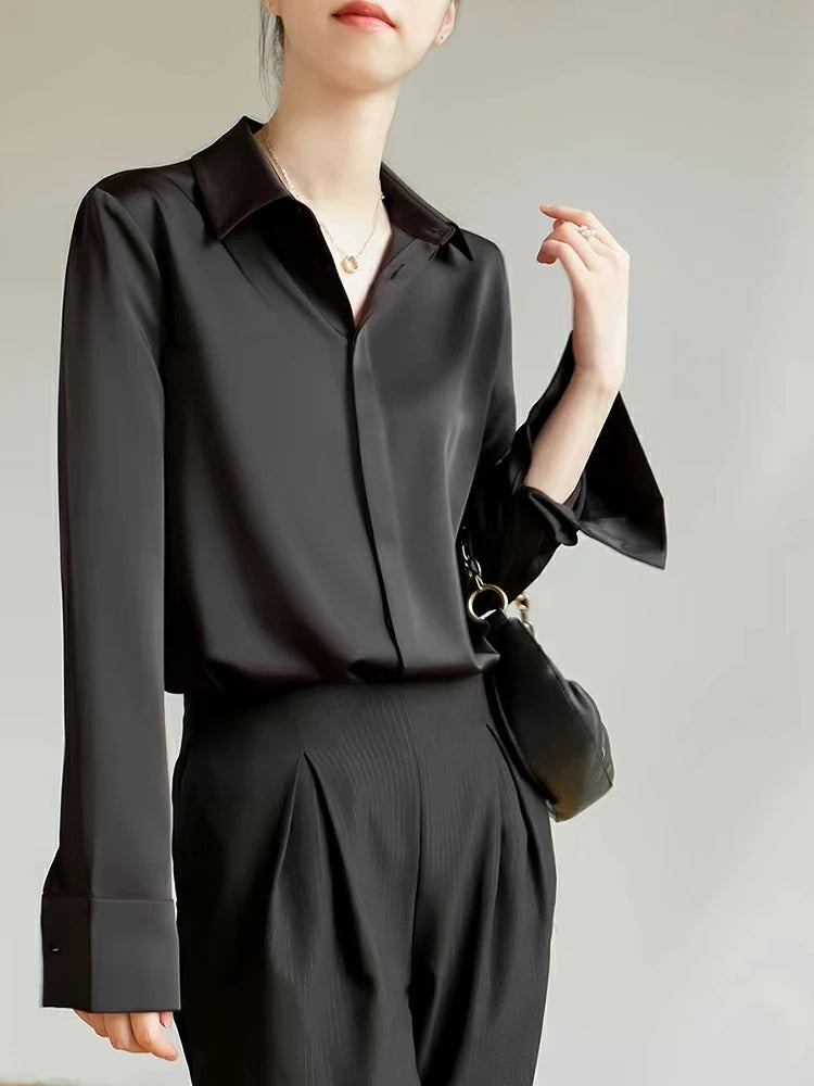 Blusa de Cetim Feminina Manga Longa Moda Francesa - Nelima
