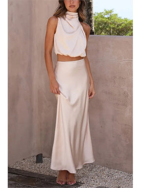 Conjunto Feminino 2 Peças Saia Midi em Cetim e Top Cropped Ombro a Ombro - Nelima