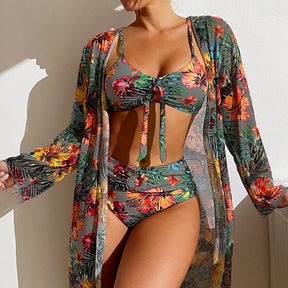 Conjunto de 3 Peças Biquini com Saída de Praia de Mangas Compridas -Nelima