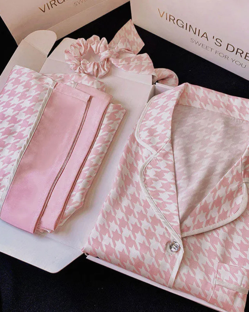 Pijama Feminino de Cetim Xadrez Mangas Longas  - Nelima