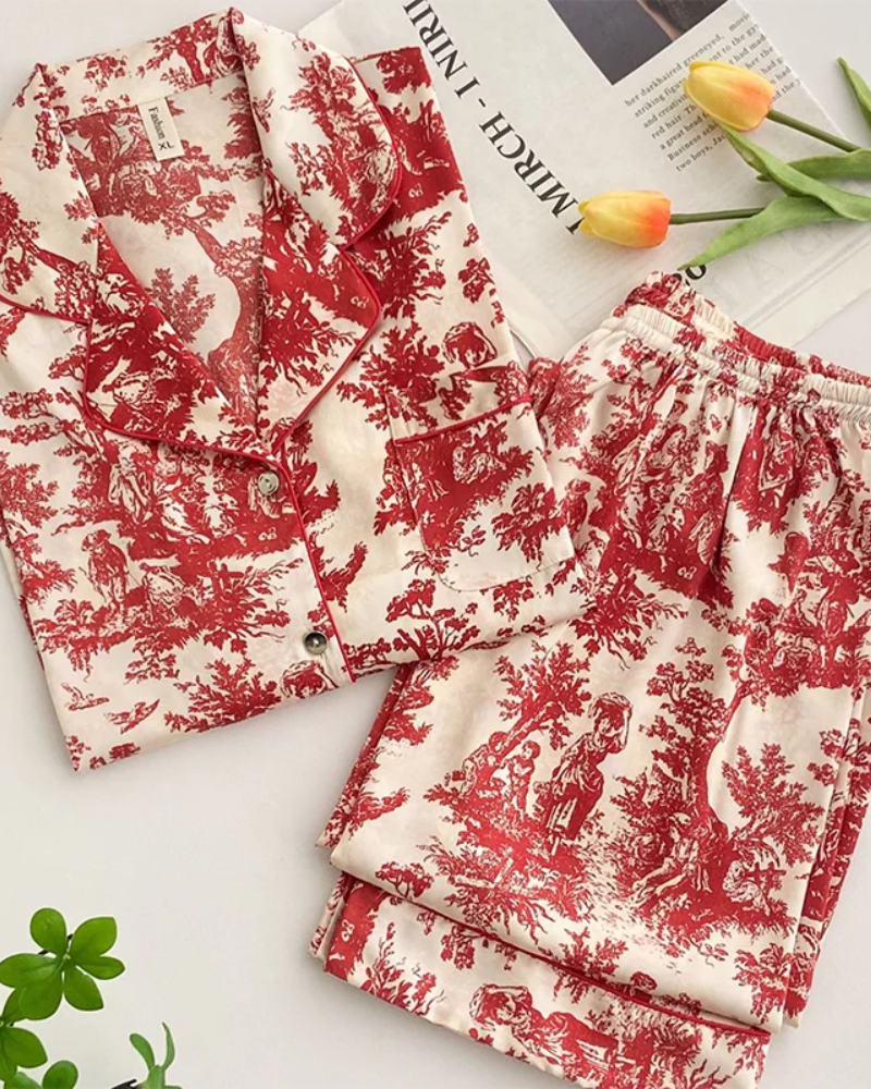 Conjunto de Pijama Feminino Floral Vermelho em Cetim - Nelima