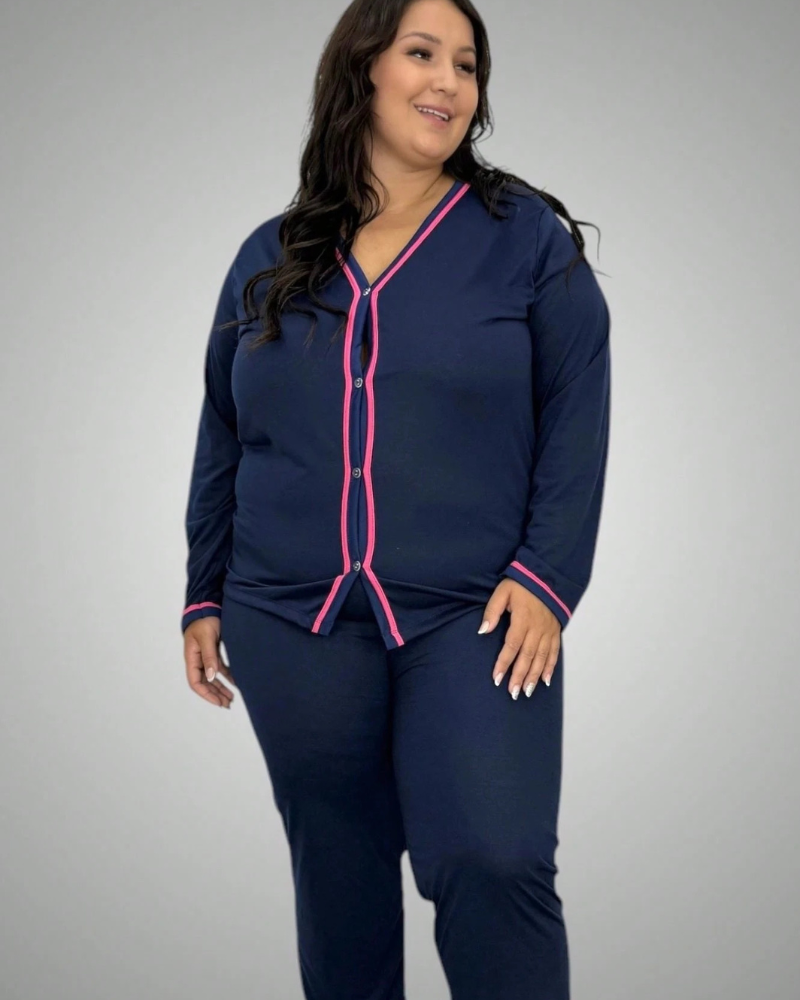 Pijama de Inverno Plus Size Feminino com Botões  – Nelima