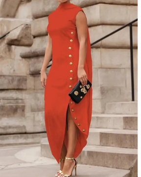 Vestido Elegante Vintage com Gola Lenço e Fenda Lateral - Nelima