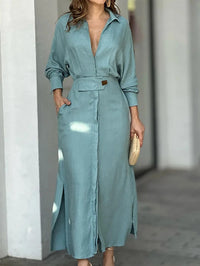 Vestido Longo Azul Empoeirado com Manga Morcego e Cinto - Nelima