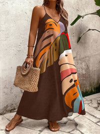 Vestido Longo Castanho Estampado com Alças Finas – Estilo e Conforto Nelima Moda