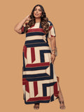 Vestido Longo Plus Size Geométrico com Fenda Lateral