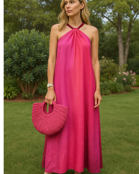Vestido Longo Rosa Degradê com Alça de Amarração - Nelima