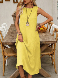 Vestido Midi Amarelo em Linho sem Forro com Bolsos Laterais – Frescor e Estilo