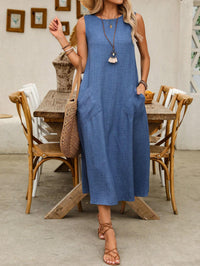 Vestido Midi Azul em Linho sem Forro com Bolsos Laterais – Estilo Leve e Atemporal
