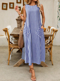 Vestido Midi Listrado em Linho sem Forro com Bolsos – Estilo Casual e Elegante