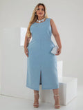 Vestido Midi Plus Size em Linho Azul Bebê com Fenda - Nelima