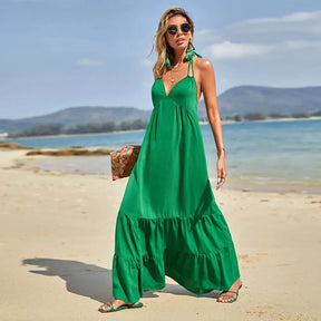 Vestido Longo Verde para Praia com Alça de Amarração  - Nelima